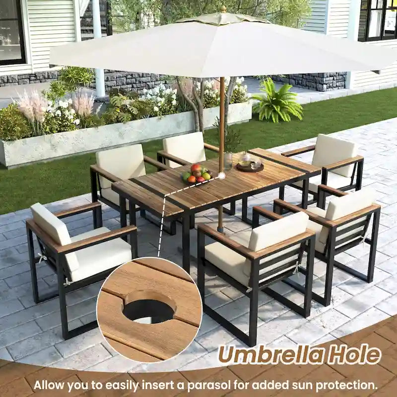 Ensemble de salle à manger d'extérieur en acier 7 pièces avec trou pour parasol et 6 fauteuils rembourrés