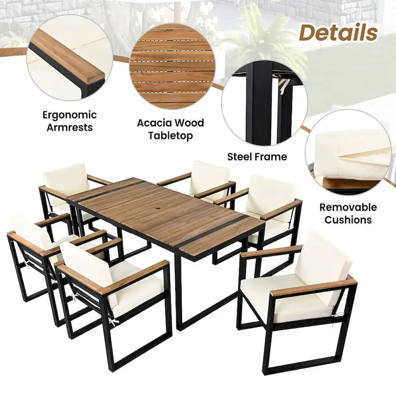 Ensemble de salle à manger d'extérieur en acier 7 pièces avec trou pour parasol et 6 fauteuils rembourrés