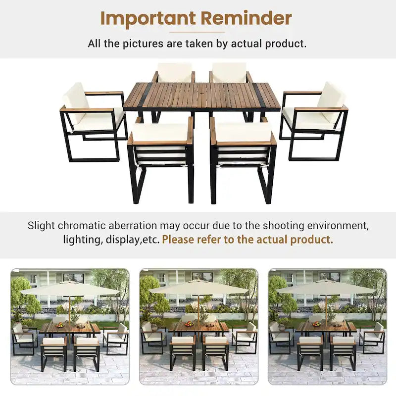 Ensemble de salle à manger d'extérieur en acier 7 pièces avec trou pour parasol et 6 fauteuils rembourrés