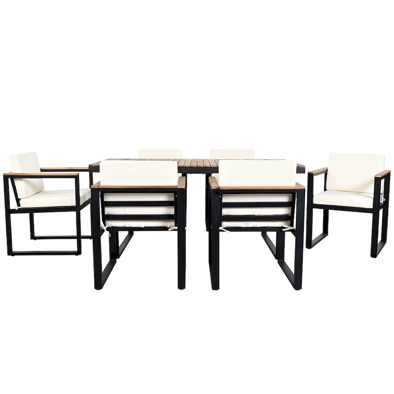 Ensemble de salle à manger d'extérieur en acier 7 pièces avec trou pour parasol et 6 fauteuils rembourrés