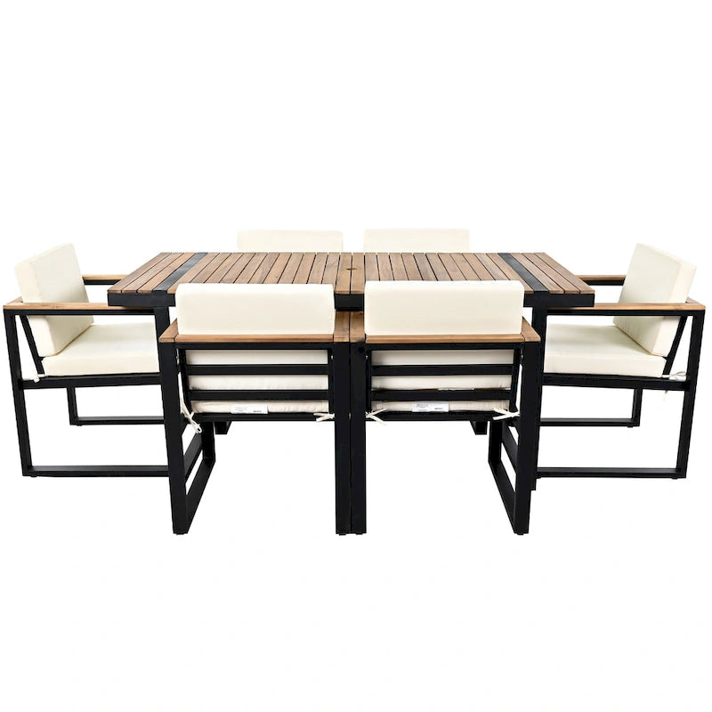 Ensemble de salle à manger d'extérieur en acier 7 pièces avec trou pour parasol et 6 fauteuils rembourrés