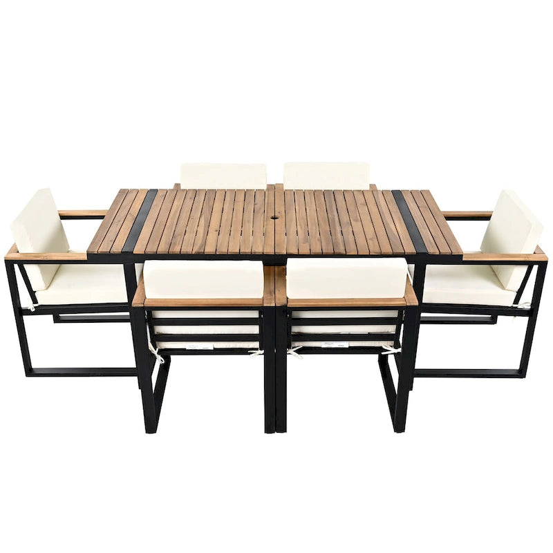 Ensemble de salle à manger d'extérieur en acier 7 pièces avec trou pour parasol et 6 fauteuils rembourrés