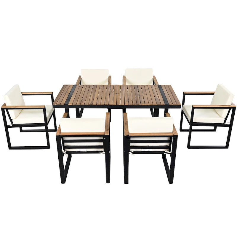 Ensemble de salle à manger d'extérieur en acier 7 pièces avec trou pour parasol et 6 fauteuils rembourrés