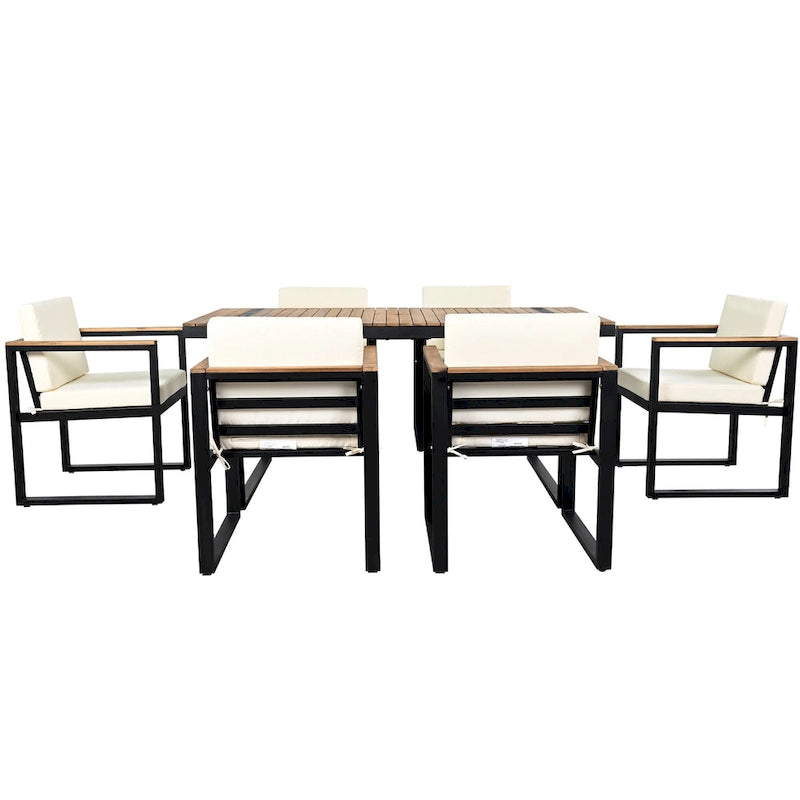 Ensemble de salle à manger d'extérieur en acier 7 pièces avec trou pour parasol et 6 fauteuils rembourrés