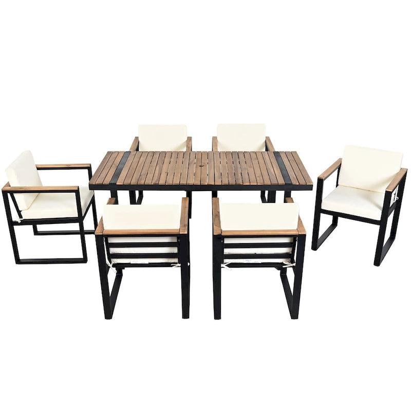Ensemble de salle à manger d'extérieur en acier 7 pièces avec trou pour parasol et 6 fauteuils rembourrés