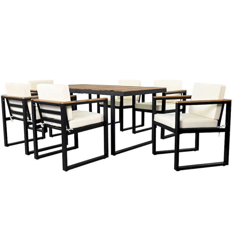 Ensemble de salle à manger d'extérieur en acier 7 pièces avec trou pour parasol et 6 fauteuils rembourrés