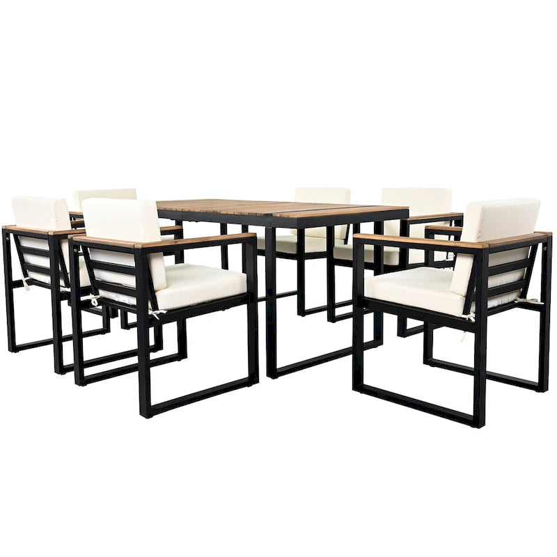 Ensemble de salle à manger d'extérieur en acier 7 pièces avec trou pour parasol et 6 fauteuils rembourrés
