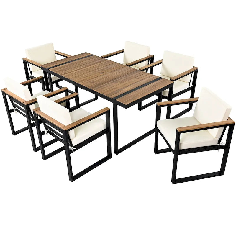 Ensemble de salle à manger d'extérieur en acier 7 pièces avec trou pour parasol et 6 fauteuils rembourrés