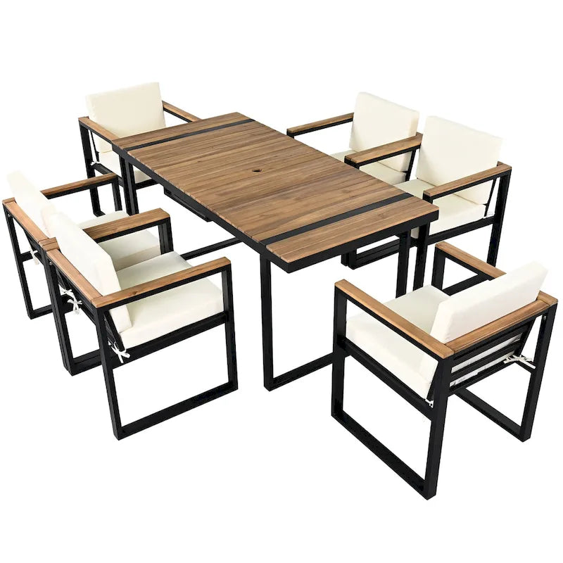 Ensemble de salle à manger d'extérieur en acier 7 pièces avec trou pour parasol et 6 fauteuils rembourrés