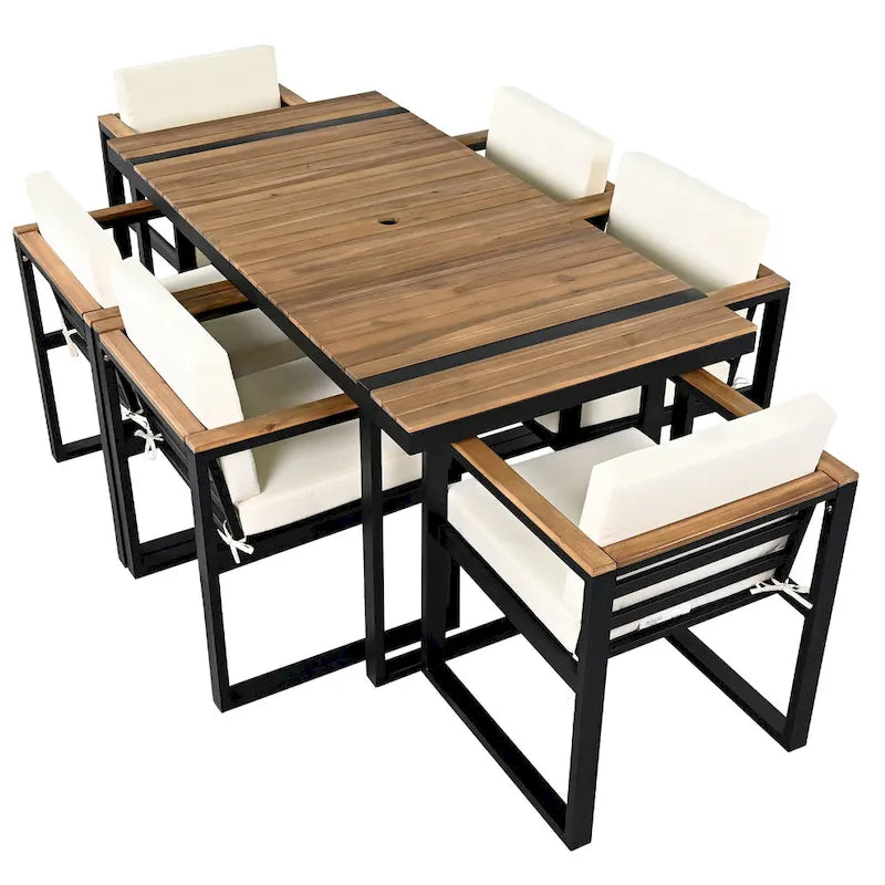 Ensemble de salle à manger d'extérieur en acier 7 pièces avec trou pour parasol et 6 fauteuils rembourrés