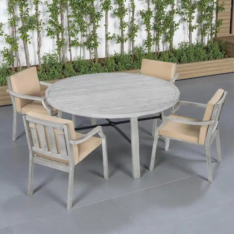 Ensemble de salle à manger rond 5 pièces en bois d'acacia pour patio avec trou pour parasol et 4 fauteuils rembourrés