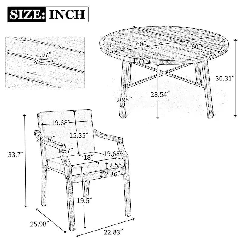 Ensemble de salle à manger rond 5 pièces en bois d'acacia pour patio avec trou pour parasol et 4 fauteuils rembourrés