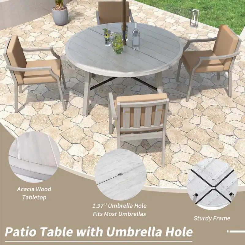 Ensemble de salle à manger rond 5 pièces en bois d'acacia pour patio avec trou pour parasol et 4 fauteuils rembourrés