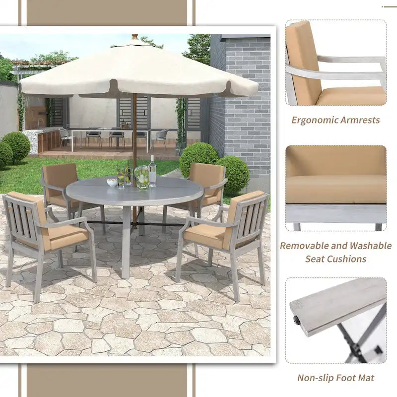 Ensemble de salle à manger rond 5 pièces en bois d'acacia pour patio avec trou pour parasol et 4 fauteuils rembourrés