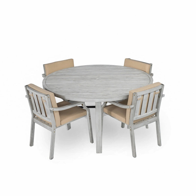 Ensemble de salle à manger rond 5 pièces en bois d'acacia pour patio avec trou pour parasol et 4 fauteuils rembourrés