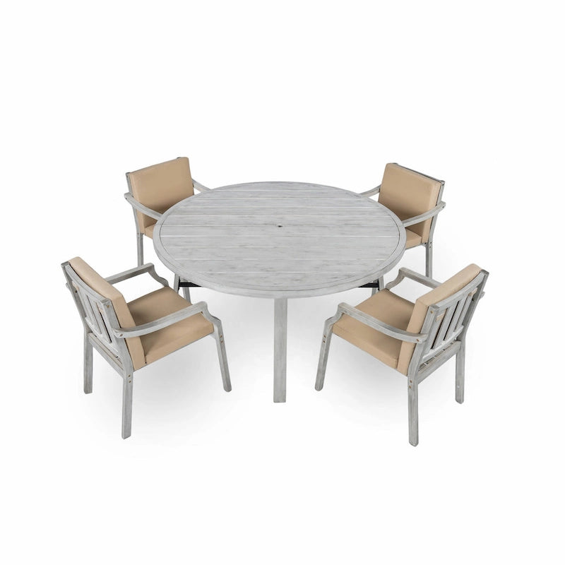 Ensemble de salle à manger rond 5 pièces en bois d'acacia pour patio avec trou pour parasol et 4 fauteuils rembourrés