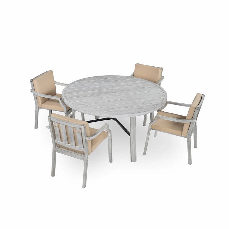 Ensemble de salle à manger rond 5 pièces en bois d'acacia pour patio avec trou pour parasol et 4 fauteuils rembourrés