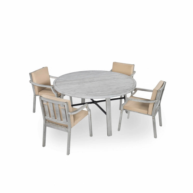 Ensemble de salle à manger rond 5 pièces en bois d'acacia pour patio avec trou pour parasol et 4 fauteuils rembourrés