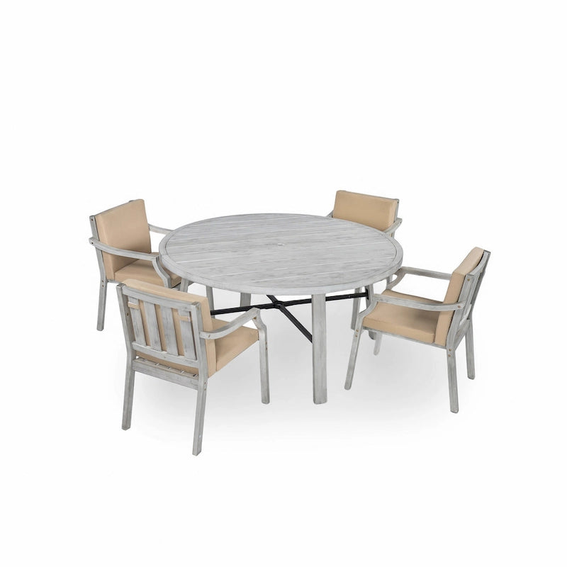 Ensemble de salle à manger rond 5 pièces en bois d'acacia pour patio avec trou pour parasol et 4 fauteuils rembourrés
