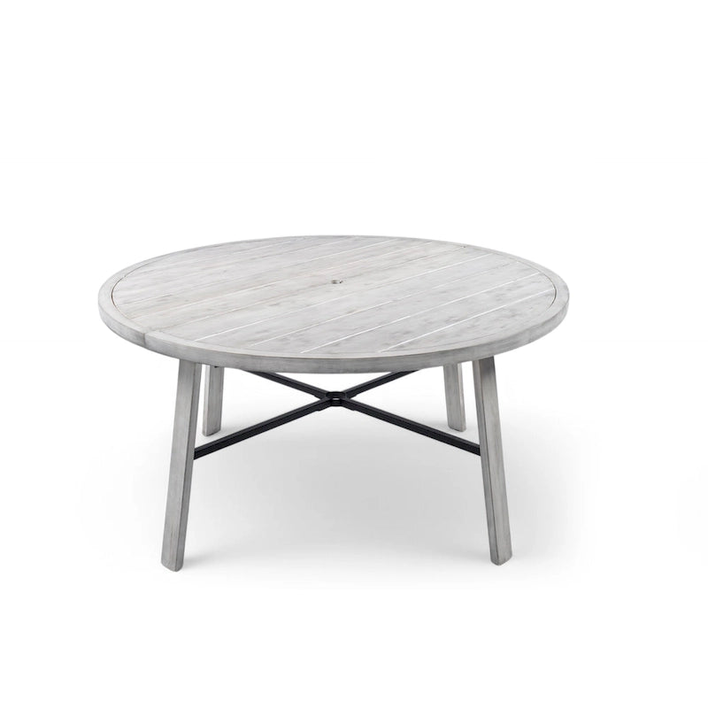 Ensemble de salle à manger rond 5 pièces en bois d'acacia pour patio avec trou pour parasol et 4 fauteuils rembourrés