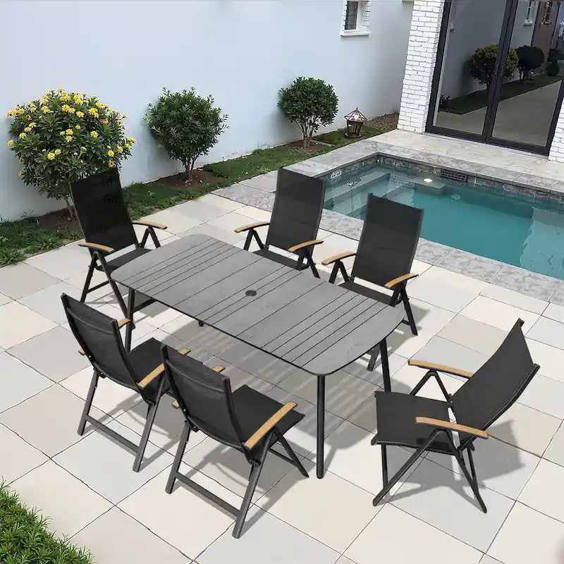 Table de salle à manger de patio 7/9 pièces, table d'extérieur rectangulaire en aluminium avec chaises pliantes