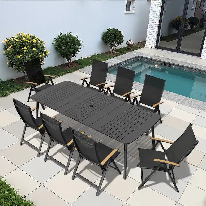 Table de salle à manger de patio 7/9 pièces, table d'extérieur rectangulaire en aluminium avec chaises pliantes