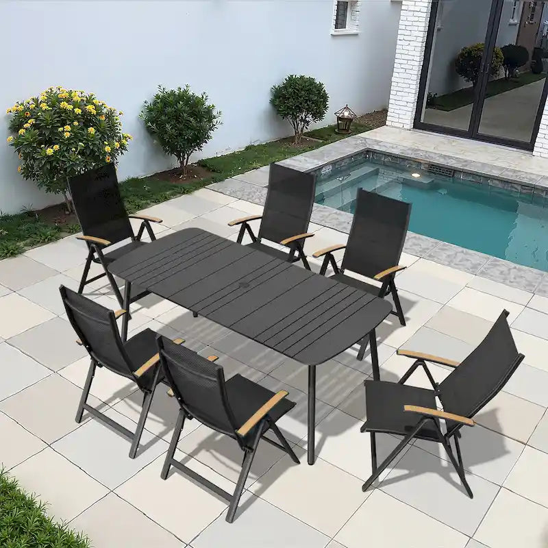 Table de salle à manger de patio 7/9 pièces, table d'extérieur rectangulaire en aluminium avec chaises pliantes