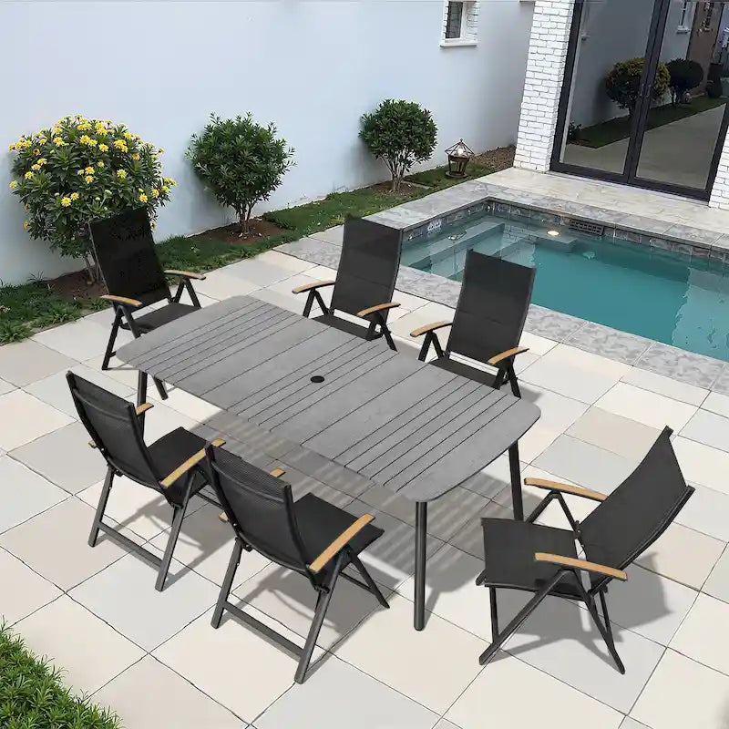 Table de salle à manger de patio 7/9 pièces, table d'extérieur rectangulaire en aluminium avec chaises pliantes