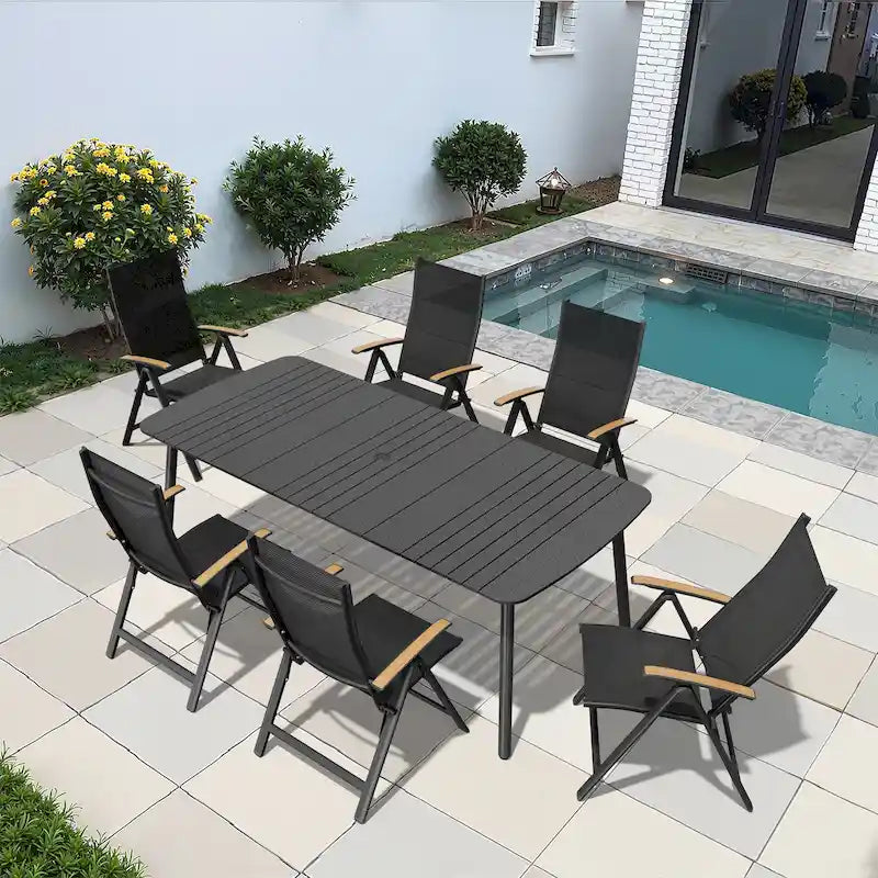 Table de salle à manger de patio 7/9 pièces, table d'extérieur rectangulaire en aluminium avec chaises pliantes
