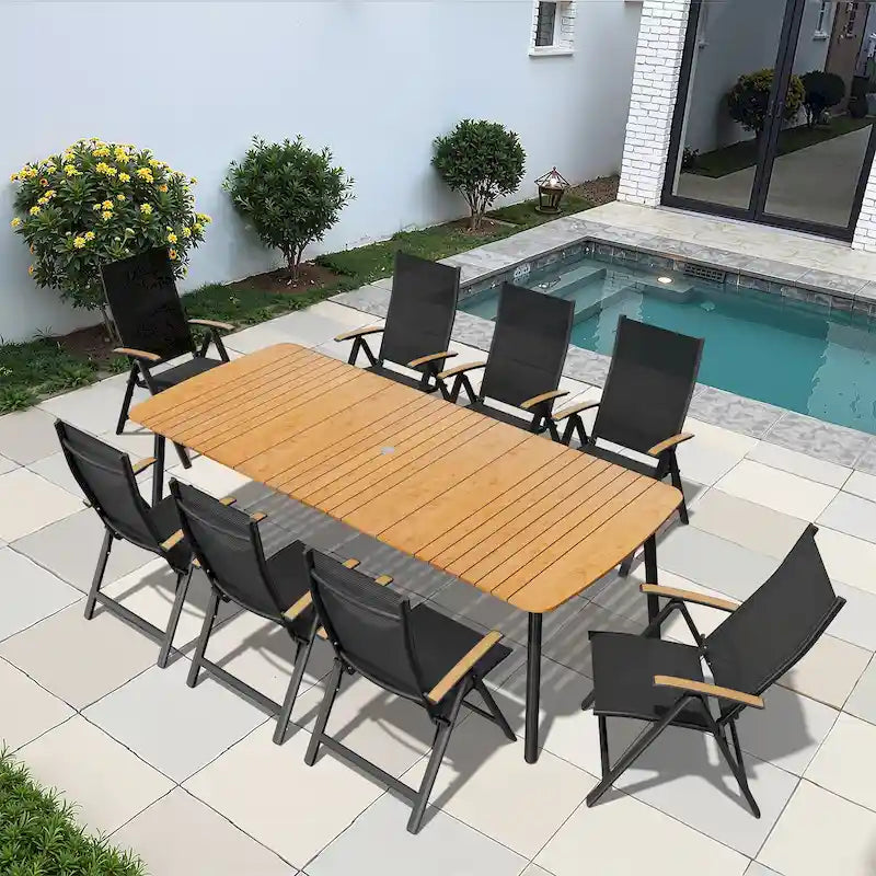 Table de salle à manger de patio 7/9 pièces, table d'extérieur rectangulaire en aluminium avec chaises pliantes