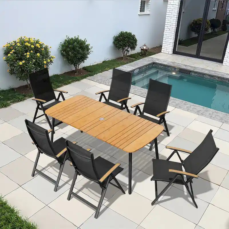 Table de salle à manger de patio 7/9 pièces, table d'extérieur rectangulaire en aluminium avec chaises pliantes