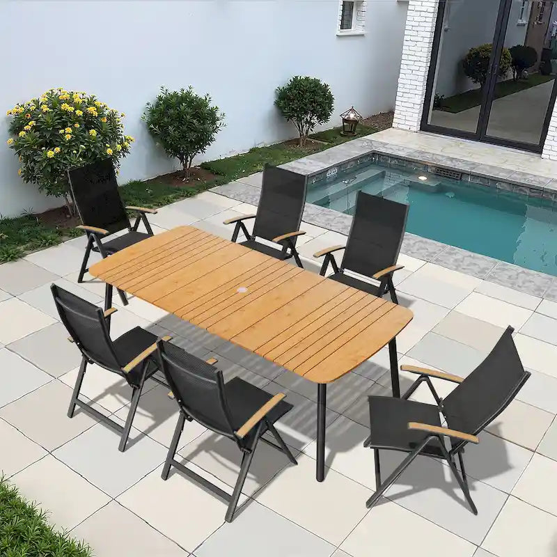 Table de salle à manger de patio 7/9 pièces, table d'extérieur rectangulaire en aluminium avec chaises pliantes
