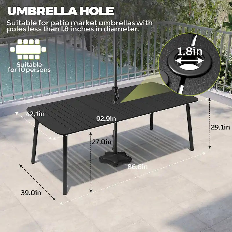 Table de salle à manger de patio 7/9 pièces, table d'extérieur rectangulaire en aluminium avec chaises pliantes