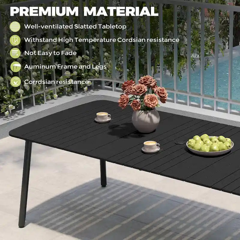 Table de salle à manger de patio 7/9 pièces, table d'extérieur rectangulaire en aluminium avec chaises pliantes
