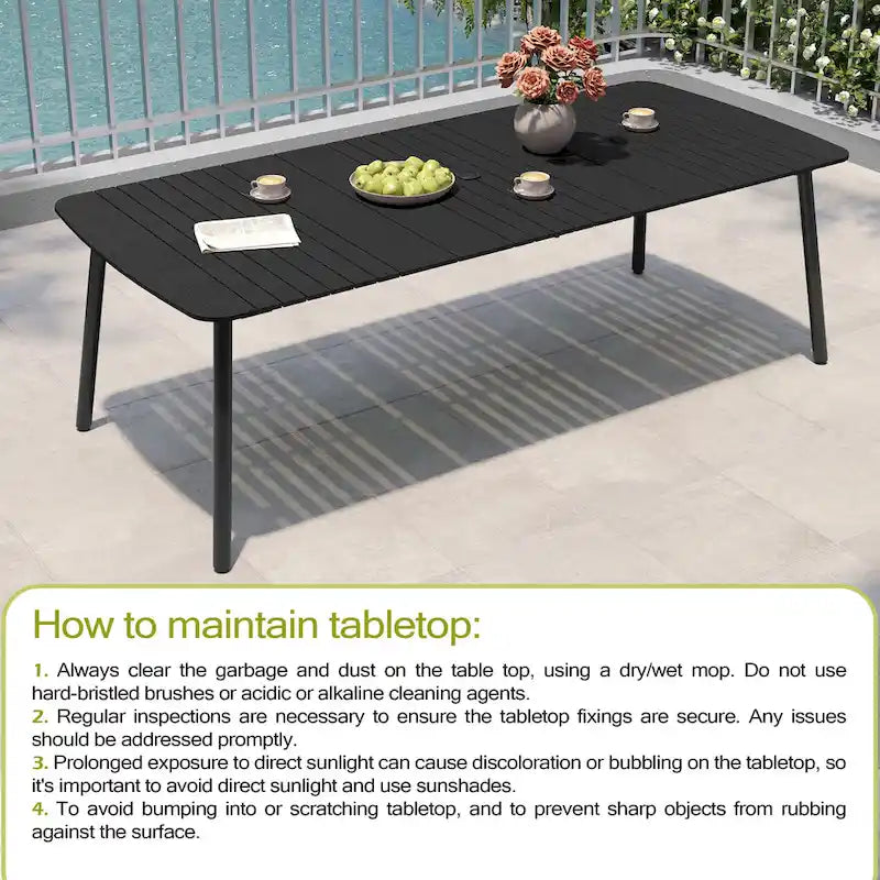 Table de salle à manger de patio 7/9 pièces, table d'extérieur rectangulaire en aluminium avec chaises pliantes
