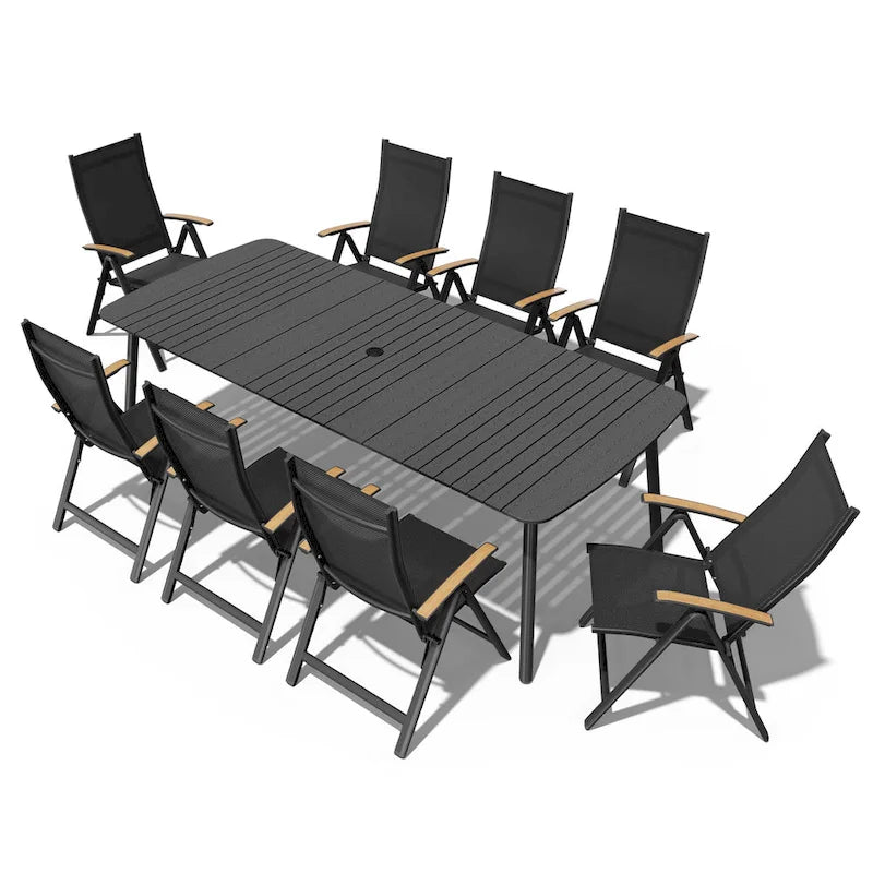 Table de salle à manger de patio 7/9 pièces, table d'extérieur rectangulaire en aluminium avec chaises pliantes