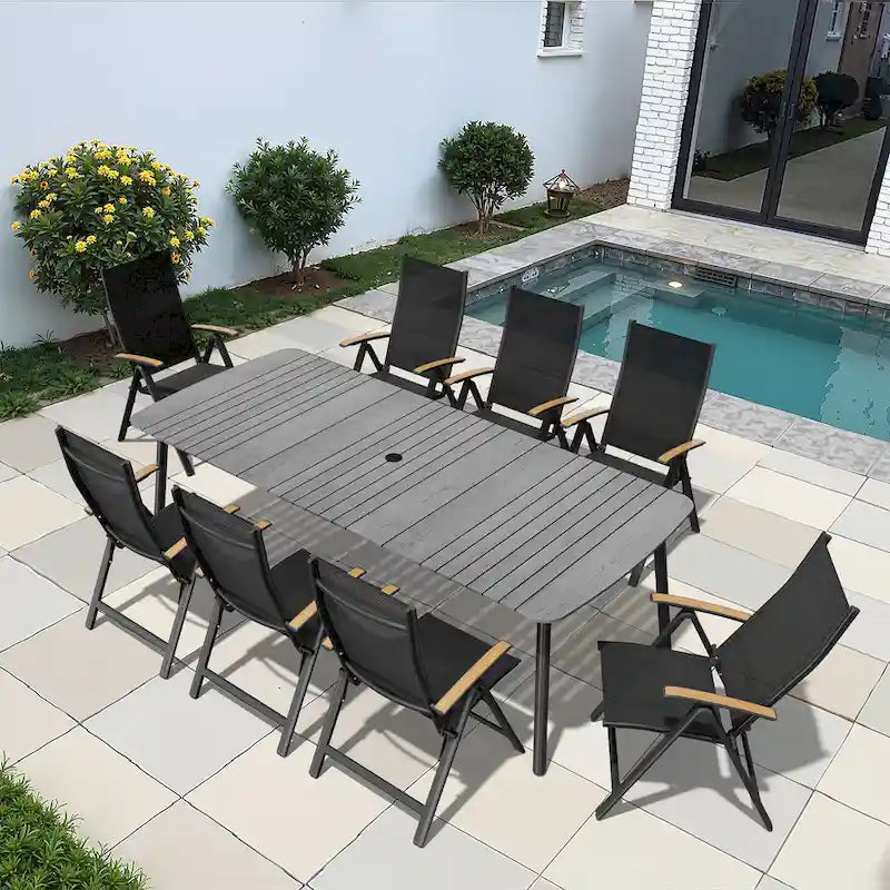 Table de salle à manger de patio 7/9 pièces, table d'extérieur rectangulaire en aluminium avec chaises pliantes