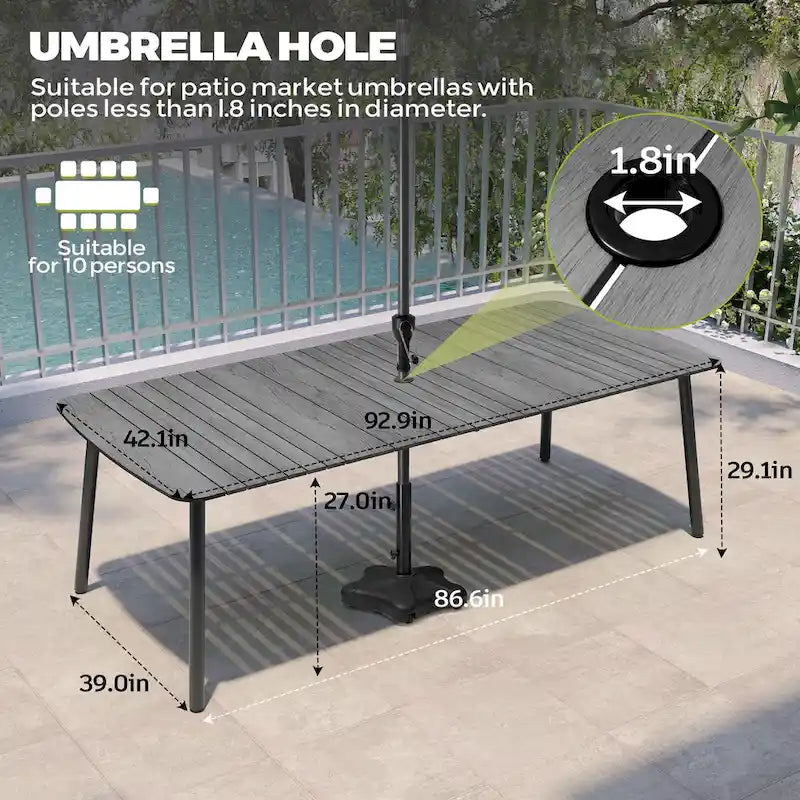Table de salle à manger de patio 7/9 pièces, table d'extérieur rectangulaire en aluminium avec chaises pliantes