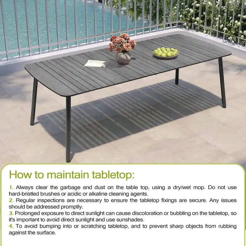 Table de salle à manger de patio 7/9 pièces, table d'extérieur rectangulaire en aluminium avec chaises pliantes