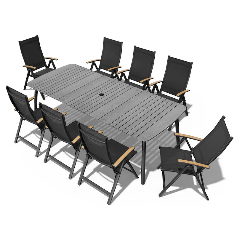 Table de salle à manger de patio 7/9 pièces, table d'extérieur rectangulaire en aluminium avec chaises pliantes