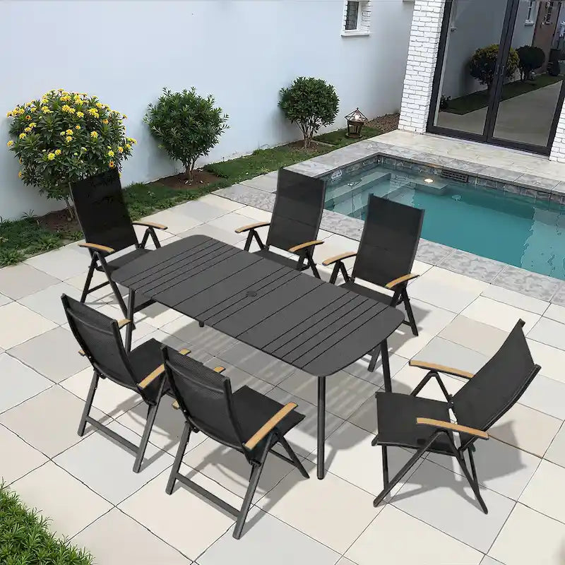 Table de salle à manger de patio 7/9 pièces, table d'extérieur rectangulaire en aluminium avec chaises pliantes