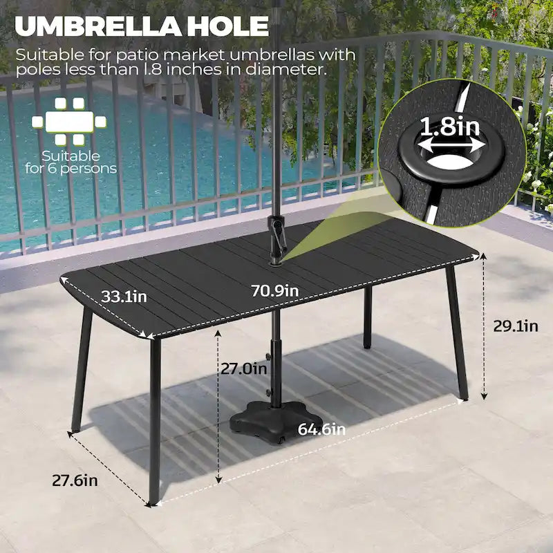 Table de salle à manger de patio 7/9 pièces, table d'extérieur rectangulaire en aluminium avec chaises pliantes