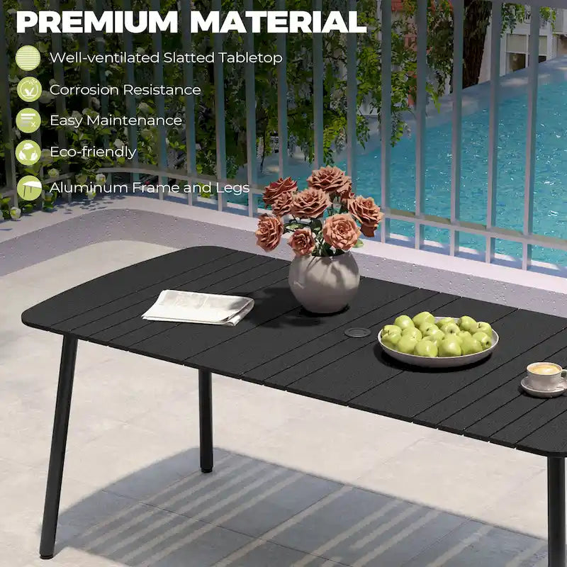 Table de salle à manger de patio 7/9 pièces, table d'extérieur rectangulaire en aluminium avec chaises pliantes