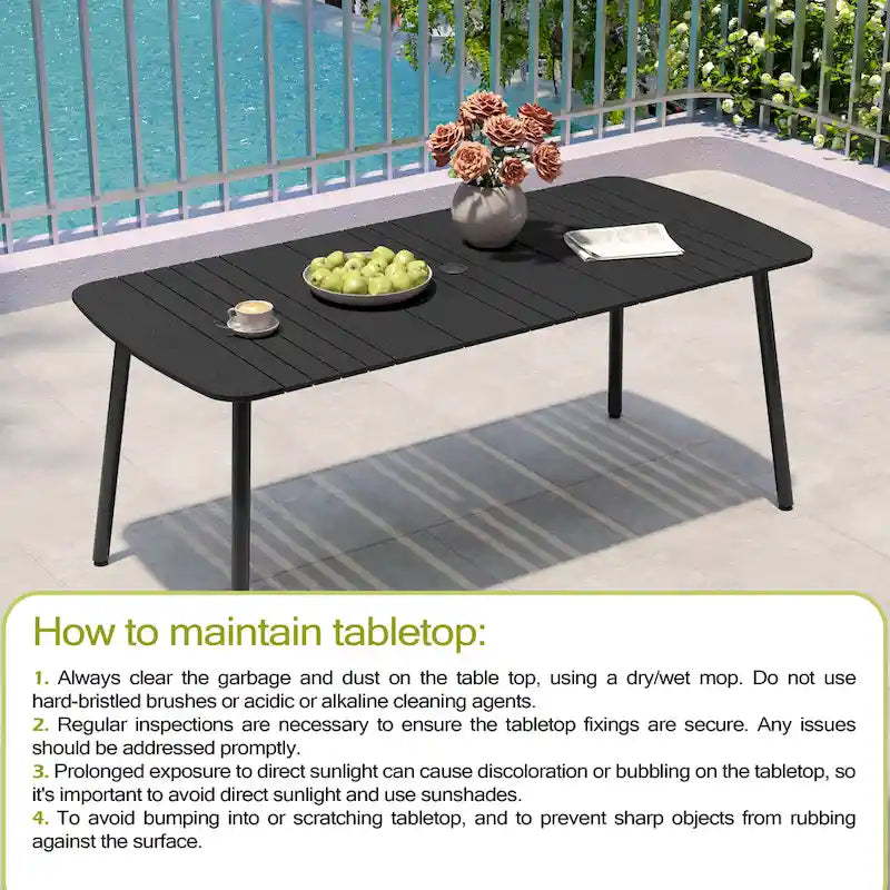 Table de salle à manger de patio 7/9 pièces, table d'extérieur rectangulaire en aluminium avec chaises pliantes