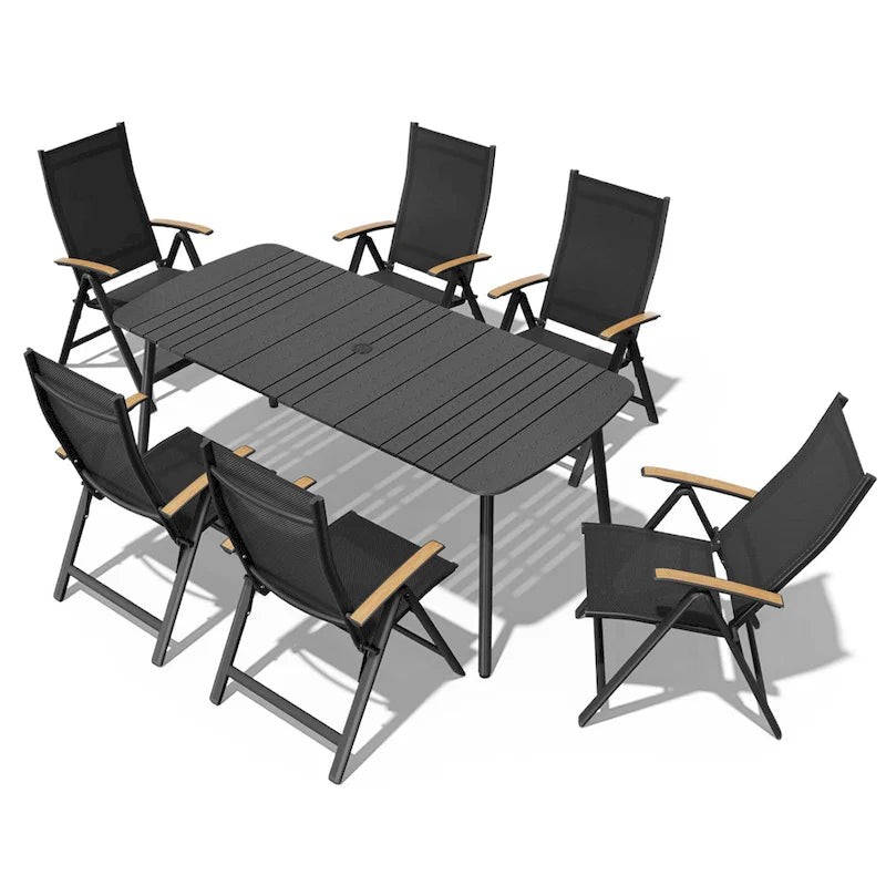 Table de salle à manger de patio 7/9 pièces, table d'extérieur rectangulaire en aluminium avec chaises pliantes