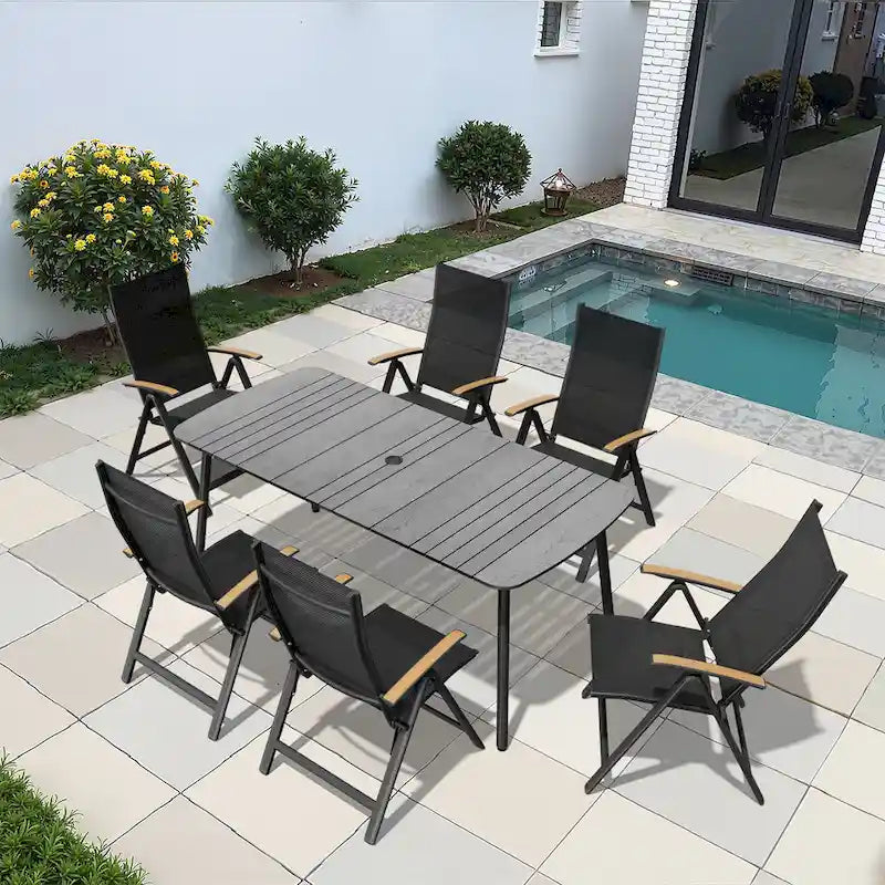Table de salle à manger de patio 7/9 pièces, table d'extérieur rectangulaire en aluminium avec chaises pliantes