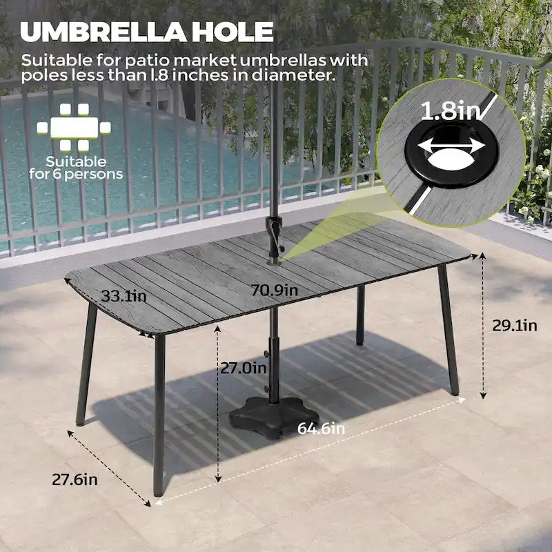Table de salle à manger de patio 7/9 pièces, table d'extérieur rectangulaire en aluminium avec chaises pliantes