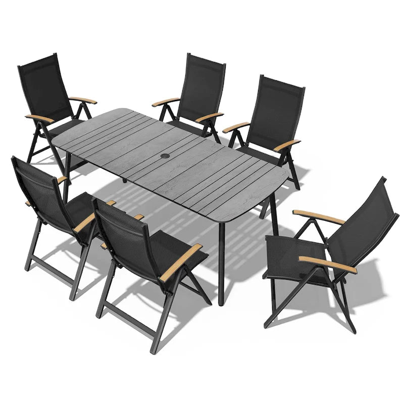 Table de salle à manger de patio 7/9 pièces, table d'extérieur rectangulaire en aluminium avec chaises pliantes