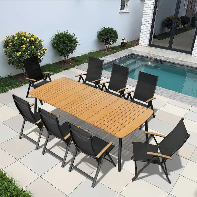 Table de salle à manger de patio 7/9 pièces, table d'extérieur rectangulaire en aluminium avec chaises pliantes