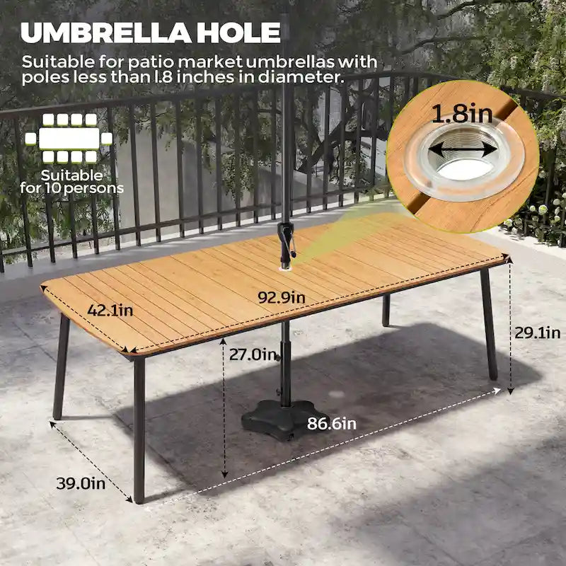 Table de salle à manger de patio 7/9 pièces, table d'extérieur rectangulaire en aluminium avec chaises pliantes